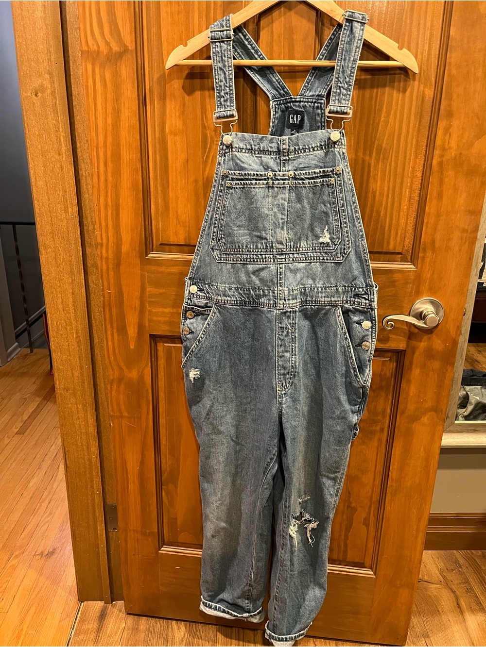 Women’s crop GAP  Washed Denim Distressed Overalls - Blue